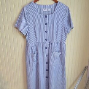 The Vermont Country Store Dress Womens Large Blue Stripe Short Sleeve Midi